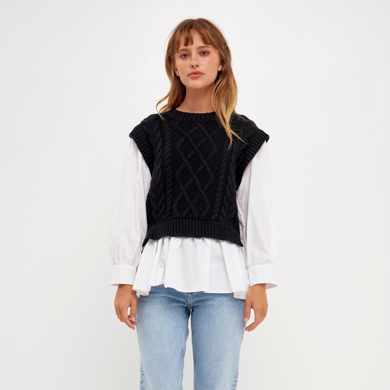 English Factory Mixed Media Cable Detail Sweater In Black/white