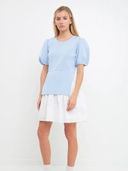 Mixed Media Knit Mini Dress - Powder Blue/White