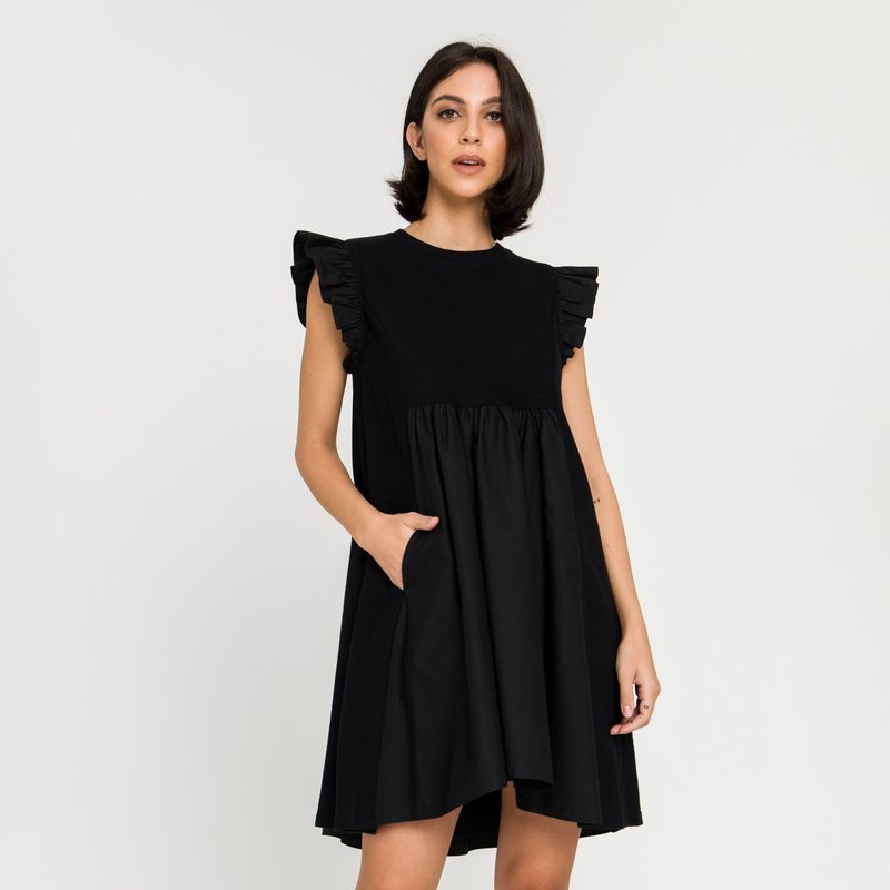 English Factory Mixed Media Ruffle Sleeve Mini Dress In Black