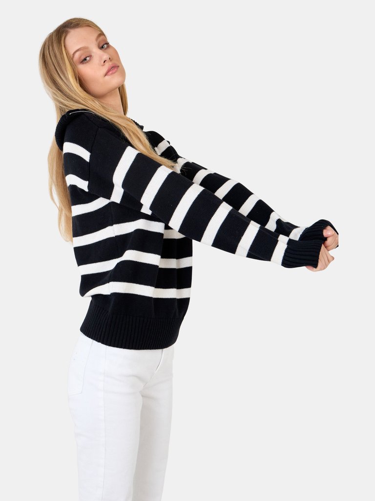 Striped Knit Zip Pullover - Black