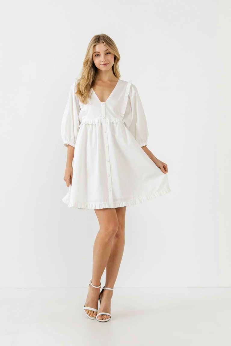 V Button Down Baby Doll Dress - White