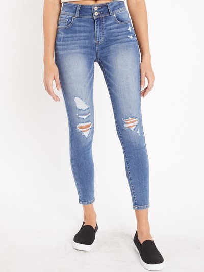 Enjean High Rise 2-Button Destructed Ankle Skinny - Medium Blue product