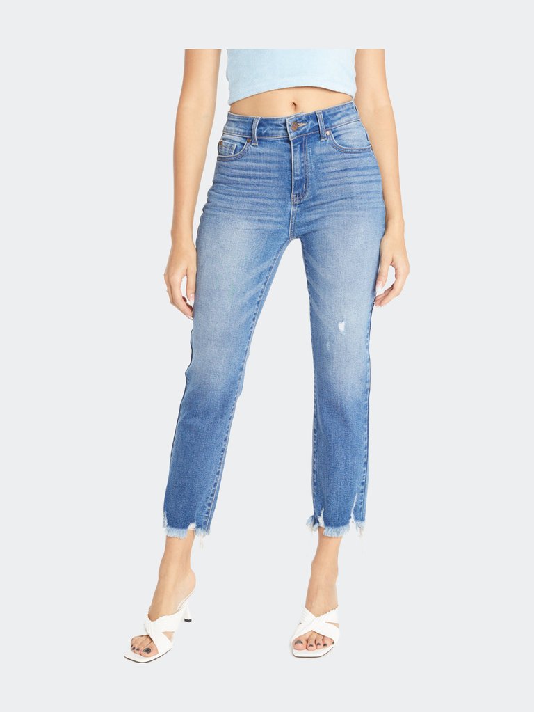 High Rise Slim Straight Jeans With Uneven Frayed Hem - Medium - Medium