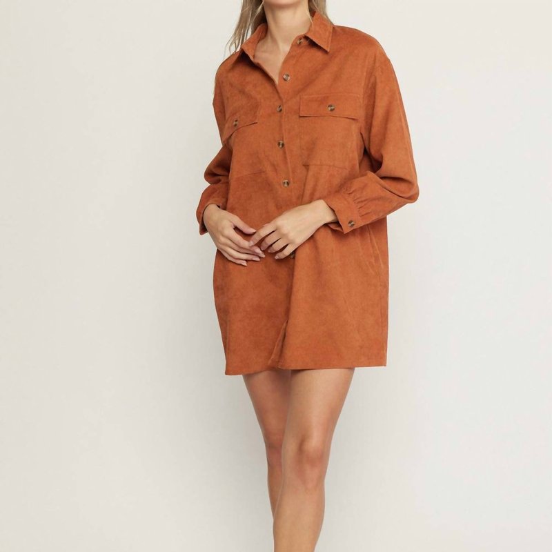 Entro Corduroy Collared Button Up Dress In Brown