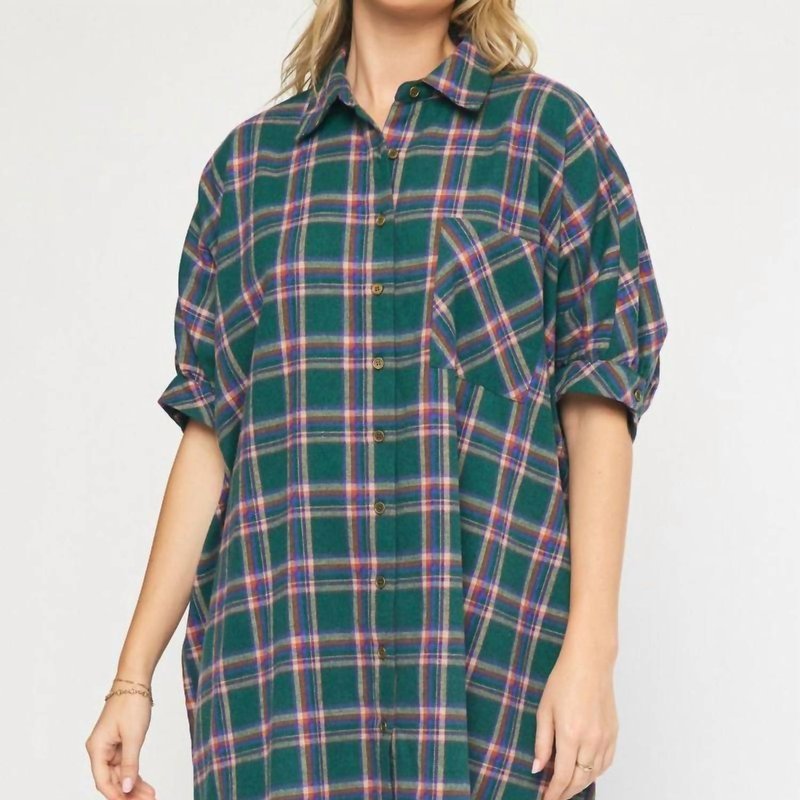 Shop Entro Oversized Flannel Dress In Green