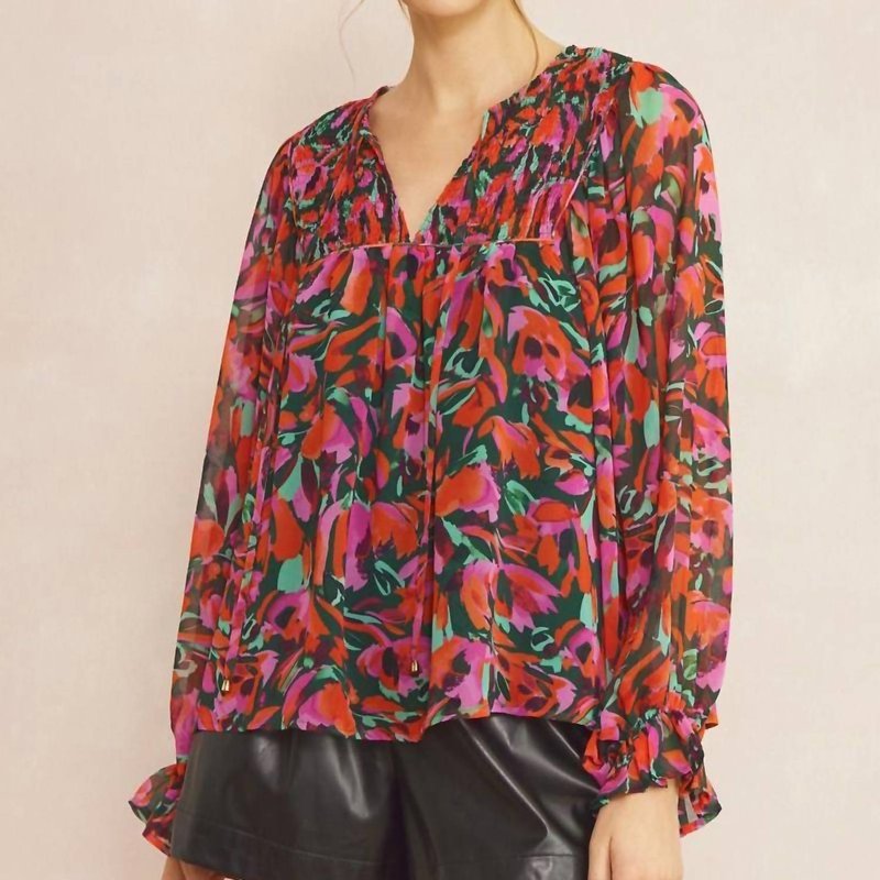 Shop Entro Printed Long Sleeve Blouse In Red