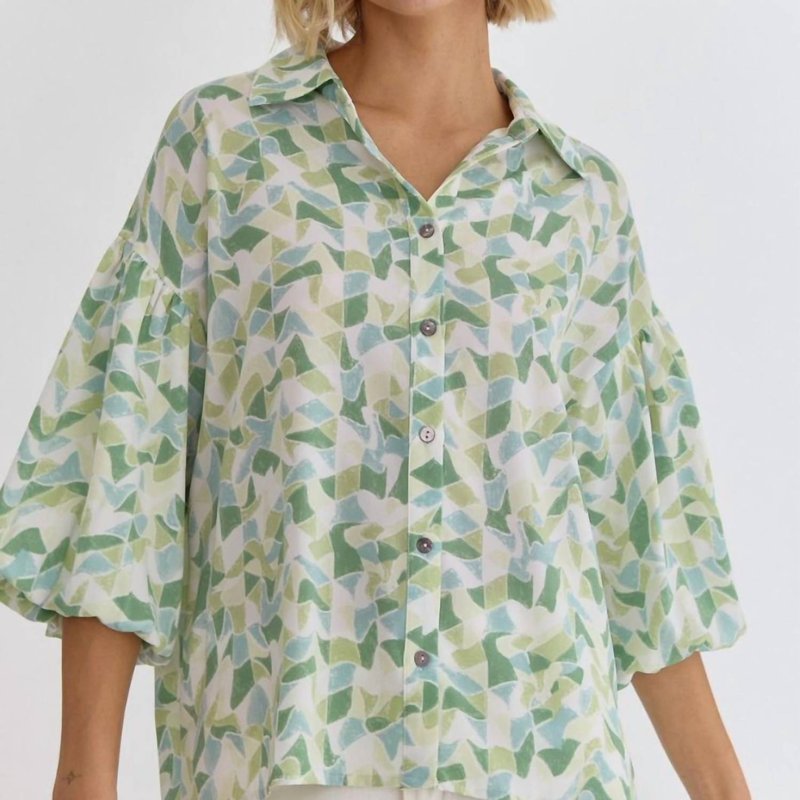 Shop Entro Printed Puff Sleeve Button Up Top In Green