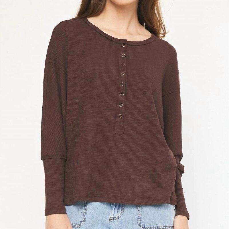 Shop Entro Ribbed Henley Top In Brown