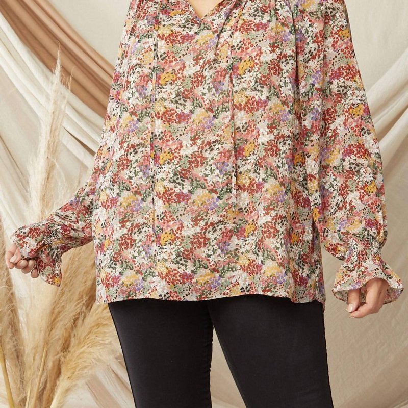 Shop Entro Ruffle Detail V Neckline Blouse In Watercolor Floral Print In Brown