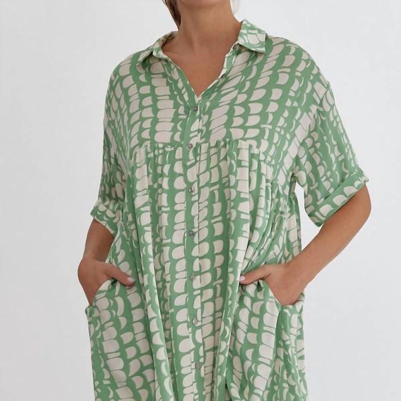 Entro Satin Printed Shirt Dress In Green