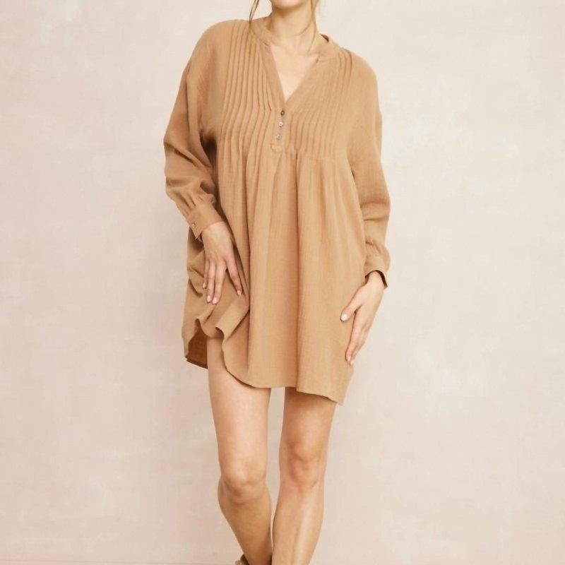 Shop Entro Solid Textured Long Sleeve Dress In Brown