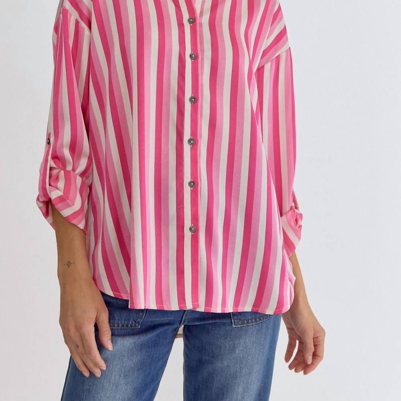 Shop Entro Stripe Button Up Top In Pink