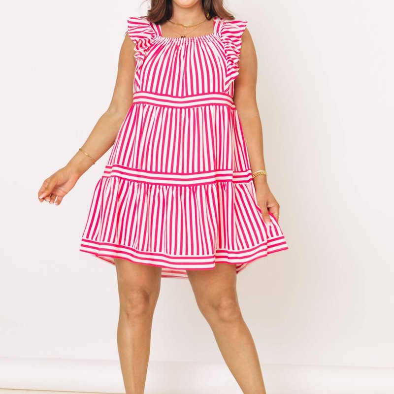 Shop Entro Striped Ruffle Sleeve Tiered Mini Dress In Magenta In Pink