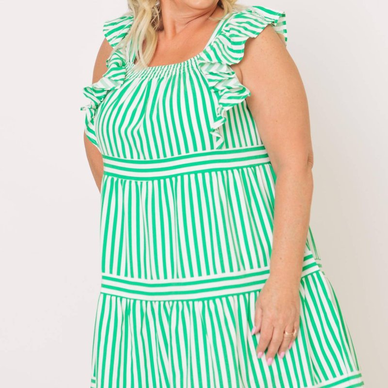 Shop Entro Striped Ruffle Sleeve Tiered Mini Dress In Green