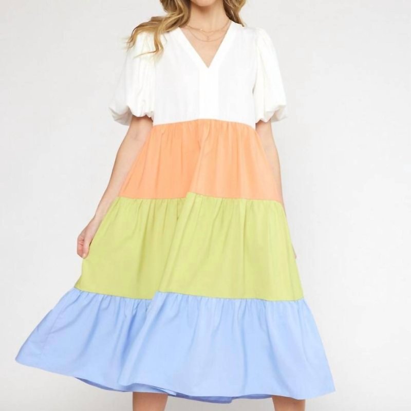 Shop Entro The Encanto Tiered Color Block Midi Dress In Off White Combo