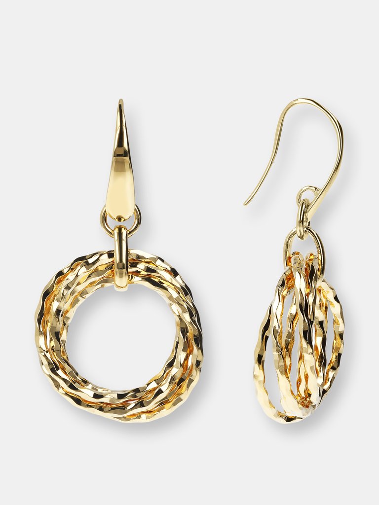 18KT Gold Plated Drop Earrings With Shiny Multi-Rings - Yellow Gold