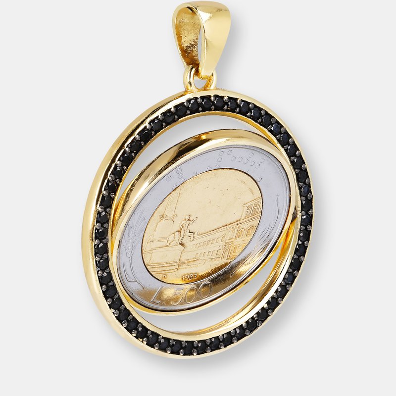 Etrusca Gioielli Turning Coin Pendant With Black Spinel Gemstone In Yellow