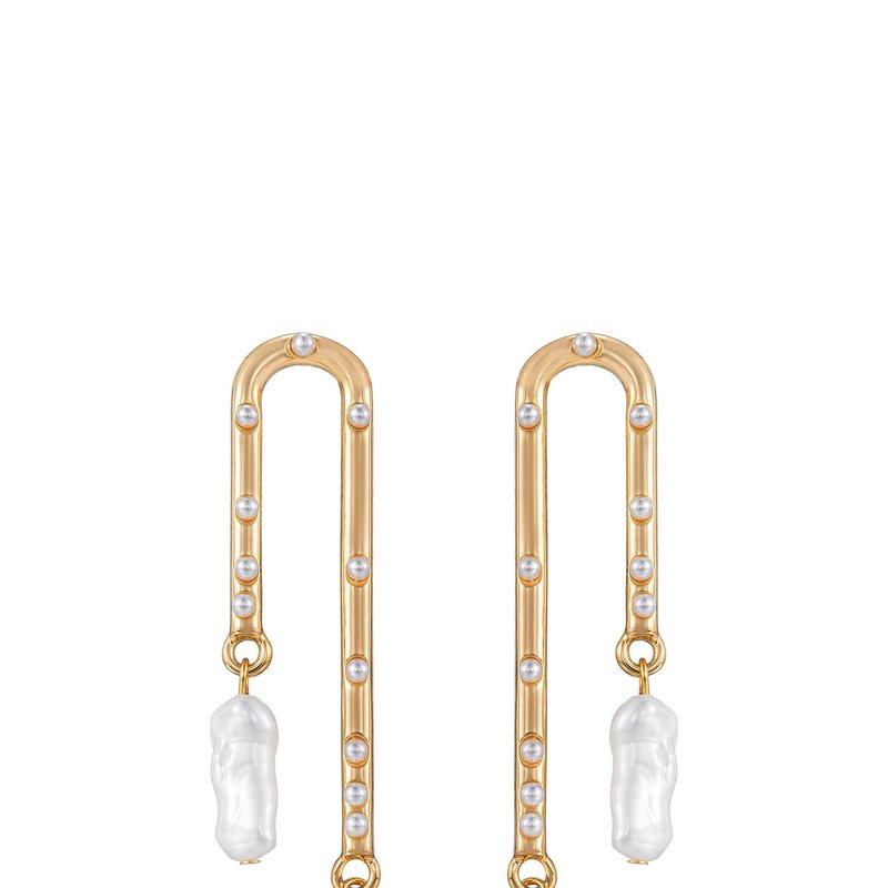 Ettika Asymmetrical Pearl Dangle 18k Gold Plated Earrings