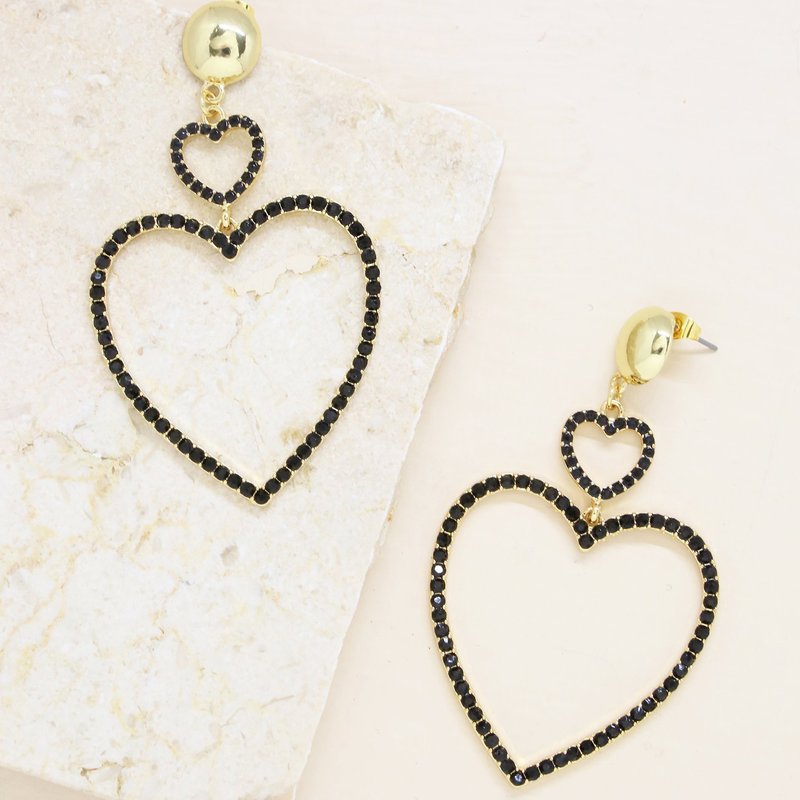 Ettika Double Black Crystal Heart 18k Gold Plated Earrings