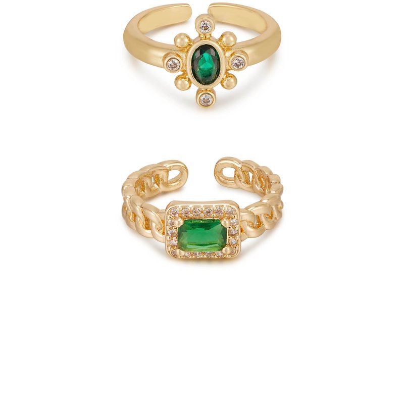 Ettika Emerald Green Crystal 18k Gold Plated Ring Set