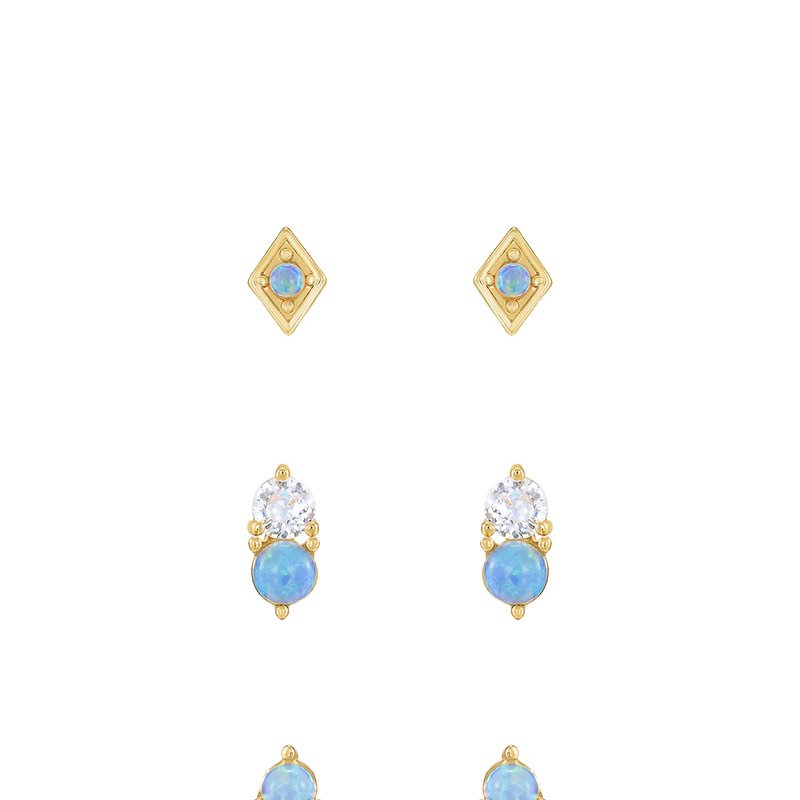 Ettika Kyocera Opal And 18k Gold Plated Geometric Stud Set In Blue