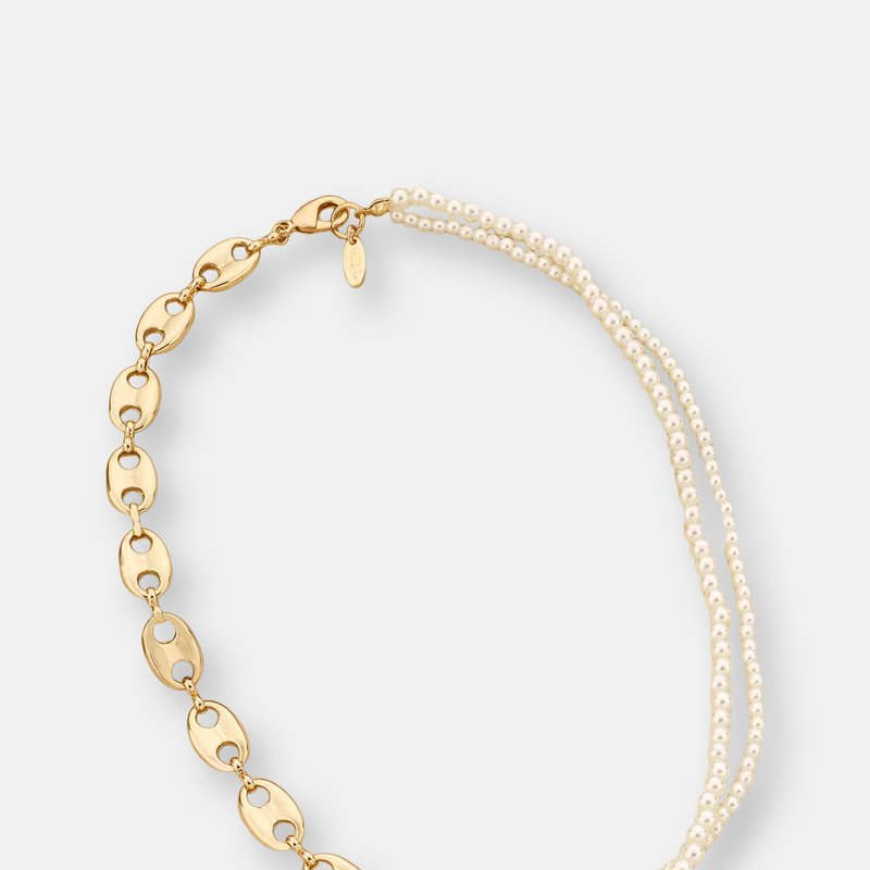 Ettika Meet Me Halfway Pearl And 18k Gold Plated Chain Link Necklace In Gold / White