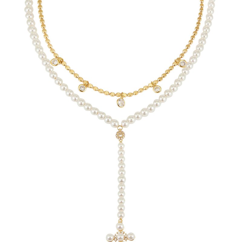 Shop Ettika Pearl Cross Drop Lariat 18k Gold Plated Necklace Set
