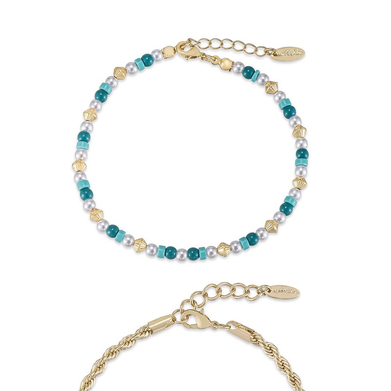 Ettika Seaside Turquoise And Pearl 18k Gold Plated Anklet Set In Blue