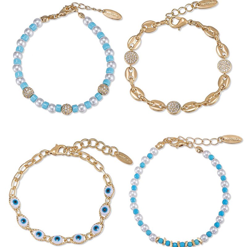 Ettika Turquoise And Pearl Protection Spell 18k Gold Plated Bracelet Set