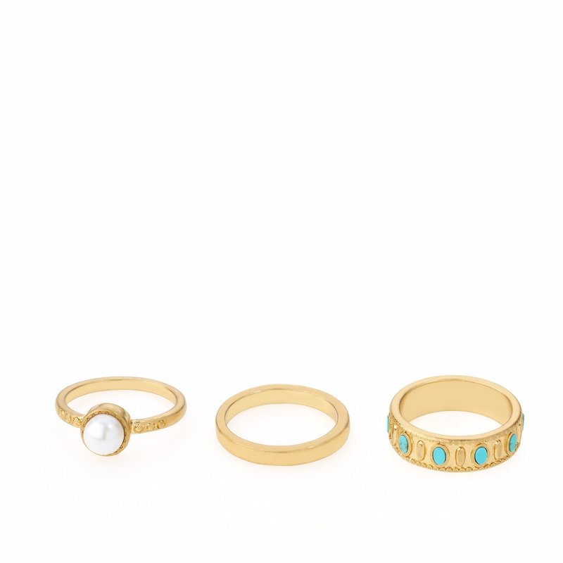 Ettika Turquoise And Pearl Worn 18k Gold Plated Ring Set