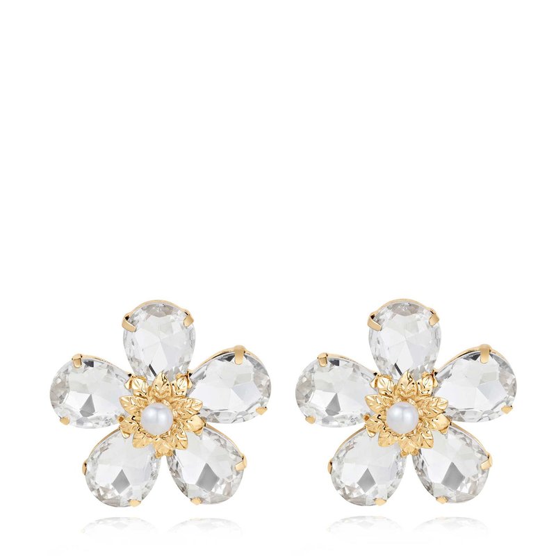 Ettika Vintage Pearl And Crystal Flower 18k Gold Plated Stud Earrings In White