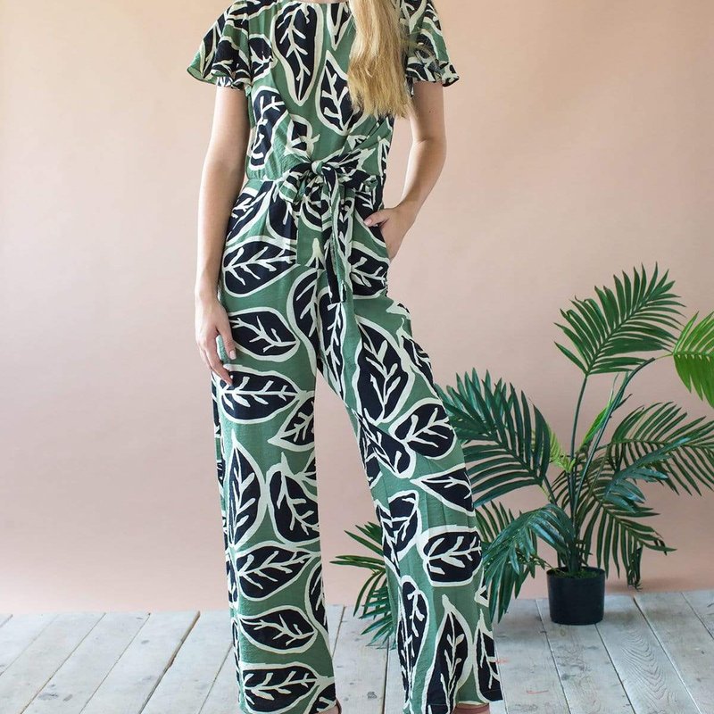 Eva Franco Miranda Jumpsuit With Tie Waist And Flutter Sleeves In Green