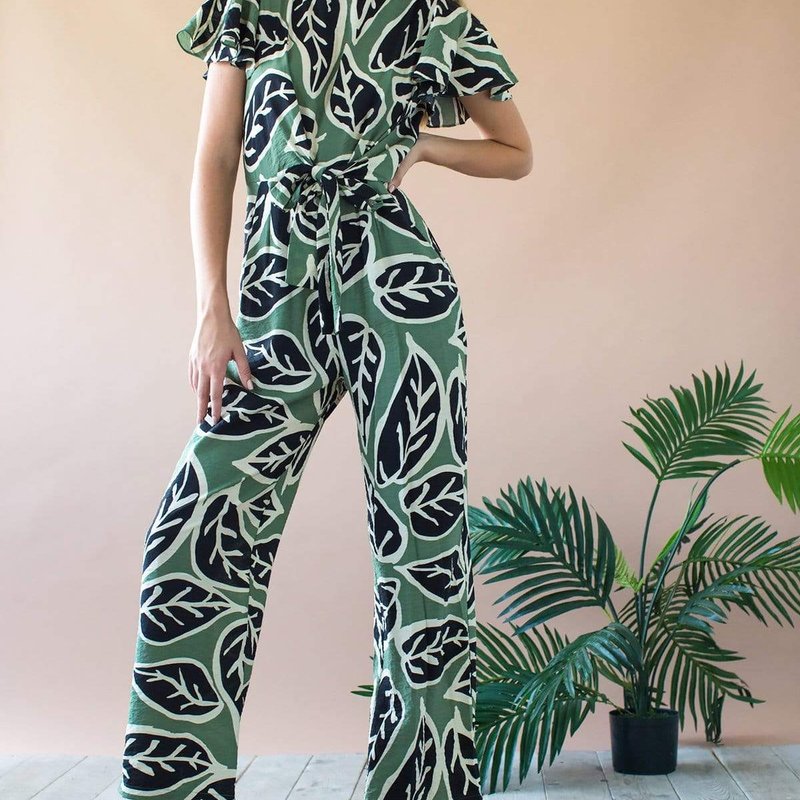 Shop Eva Franco Miranda Jumpsuit With Tie Waist And Flutter Sleeves In Green
