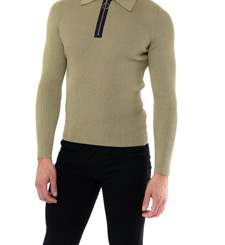 Fang Long Sleeve Knitted Polo With Exposed Zipper In Green