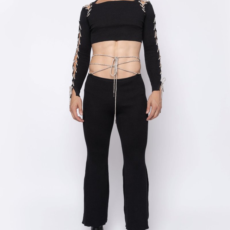 Shop Fang Rhinestone Lace Up Cropped Long Sleeve In Black