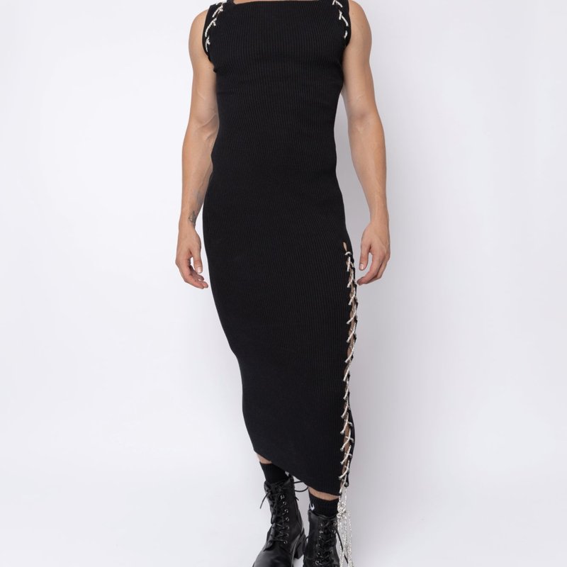 Shop Fang Rhinestone Lace Up Square Neck Midi Dress In Black