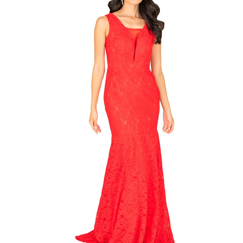 Farah Naz New York Illusion Sweetheart Neck Lace Formal Gown In Red