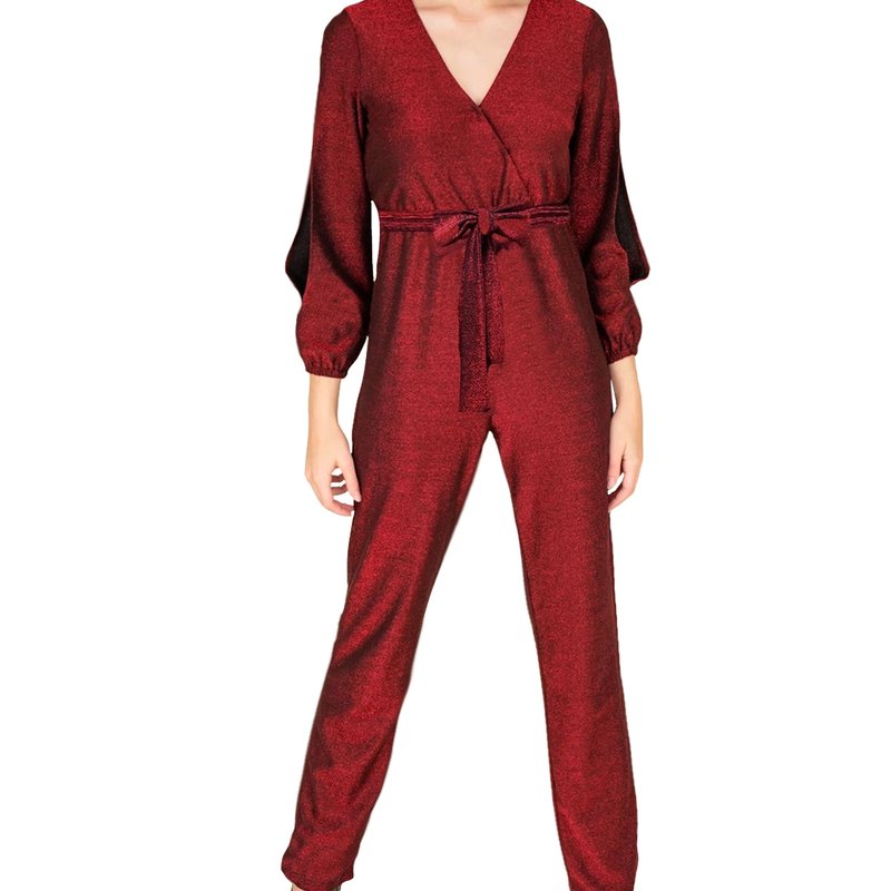 Farah Naz New York Shimmer Jumpsuit In Red
