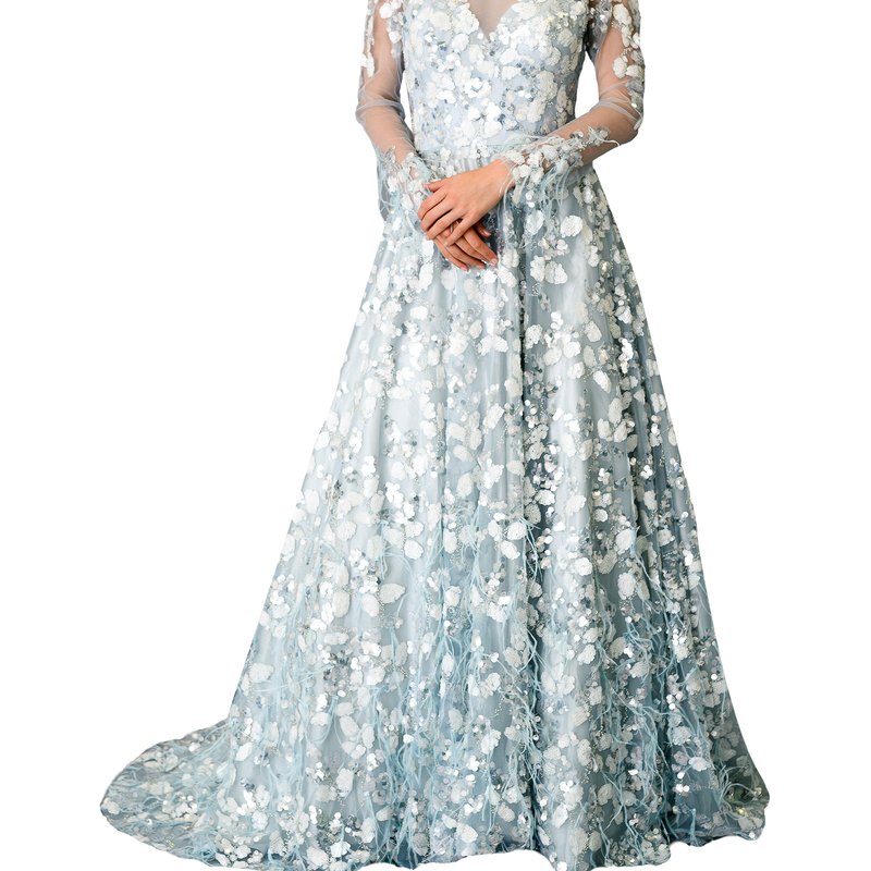 Farah Naz New York Train Ostrich Feathers Gown In Blue