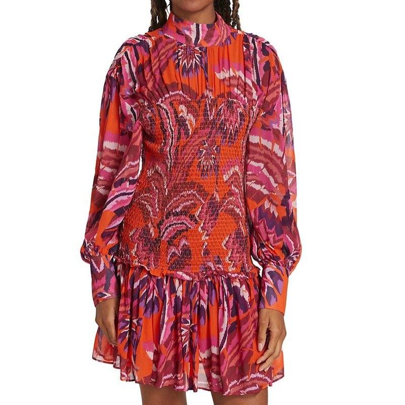 Shop Farm Rio Women Chevron Forest Orange Long Sleeve Smocked Mini Dress In Brown