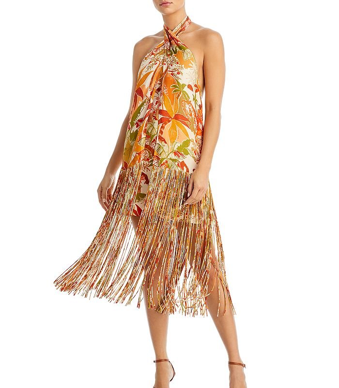 Shop Farm Rio Women Leopard Forest Sand Halter Neck Fringe Mini Dress Orange Print