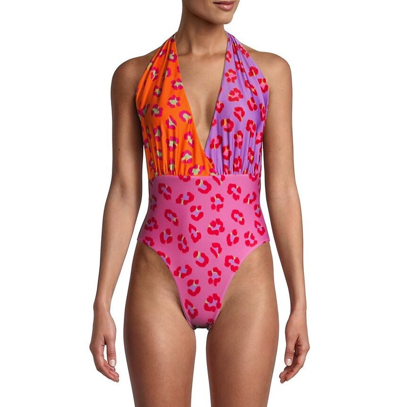 Shop Farm Rio Women Orange Maxi Leopard Patch Front One Piece Swimwear In Pink