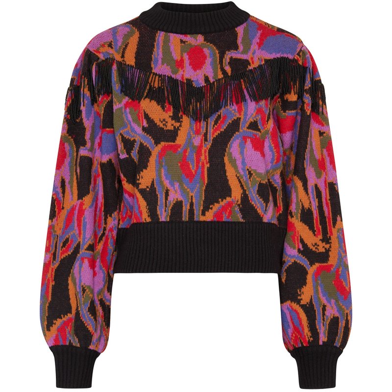 Shop Farm Rio Women Wild Horses Black Fringe Pullover Sweater In Pink
