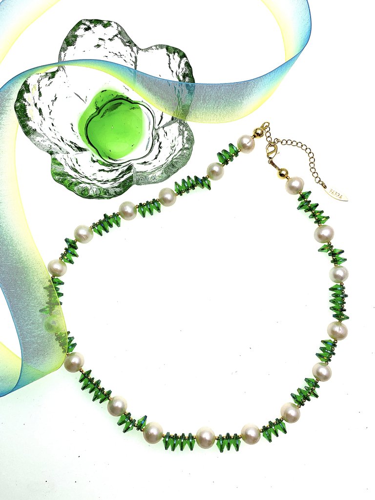 Green Crystals Freshwater Pearls Short Necklace