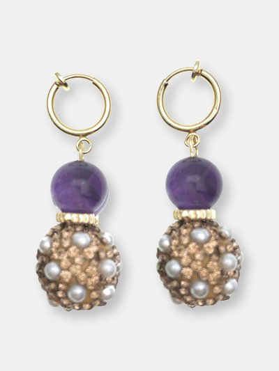 FARRA Round Amethyst With Rhinestones Bordered Pearls Classic Earrings product