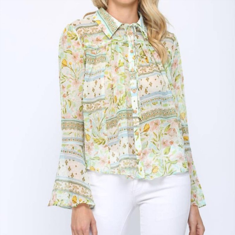 Fate Tie Neck Bell Sleeve Blouse In Green
