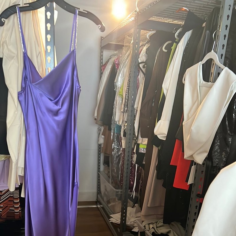 Fleur Du Mal Cowl Neck Dress With High Slit And Crystal Strap Details In Purple