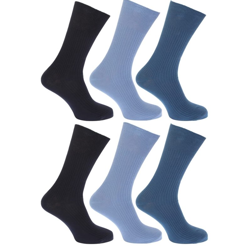 Floso Mens Non Elastic Top 100% Cotton Socks (pack Of 6) (shades Of Blue)