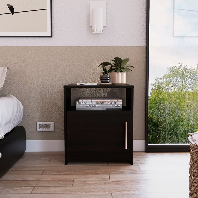 Fm Furniture Bristol Nightstand, One Cabinet, Top Surface In Black