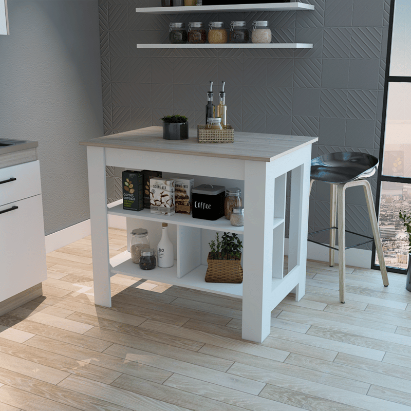 Fm Furniture Brooklyn Antibacterial Surface Kitchen Island, Three Concealed Shelves In White